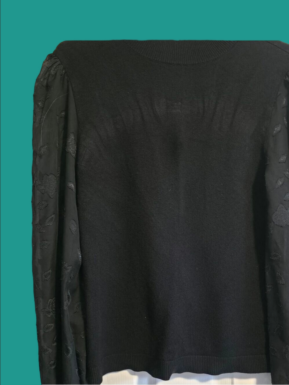 4/$67 Deal! Mexx Black Women's Sweater with Sheer Embroidered Sleeves